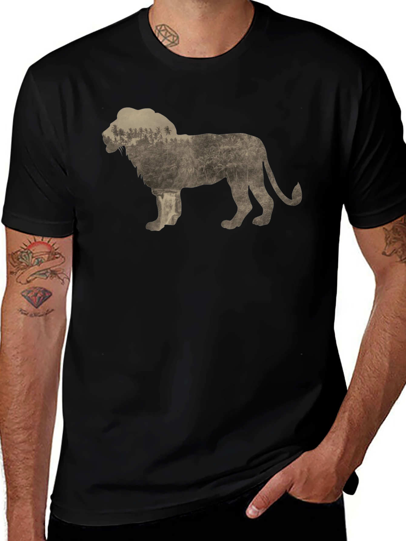 Lion Silhouette Nature Graphic Print Crew Neck Tee