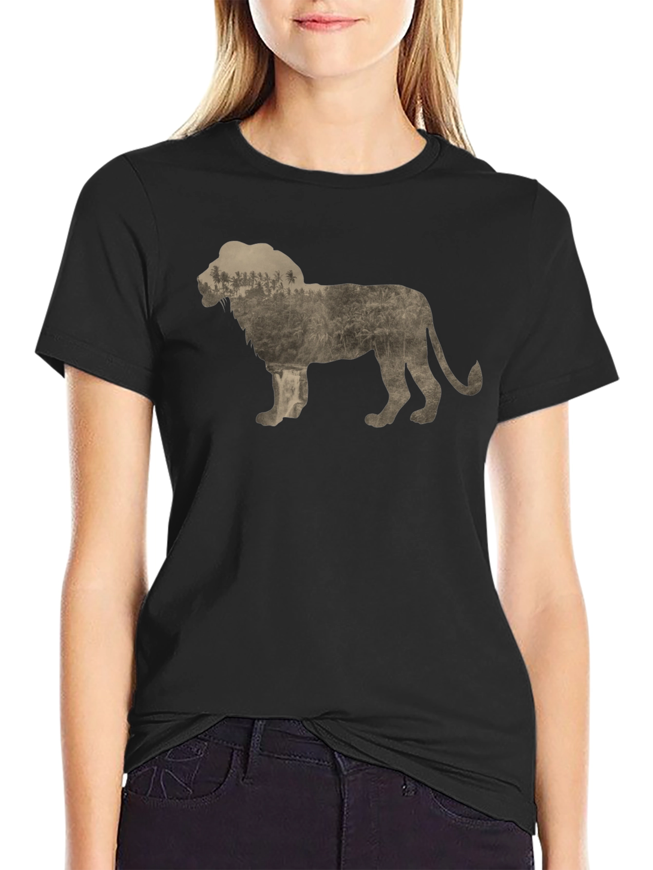 Lion Silhouette Nature Graphic Print Crew Neck Tee