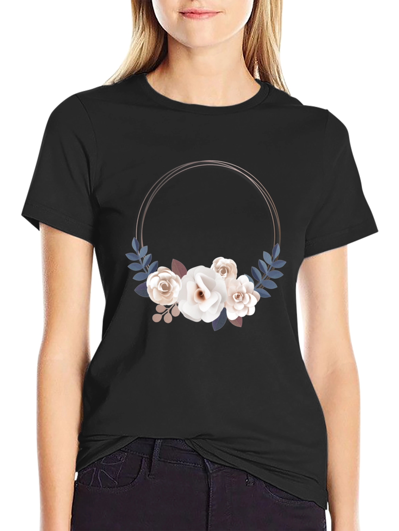 Floral Wreath Graphic Black T-Shirt