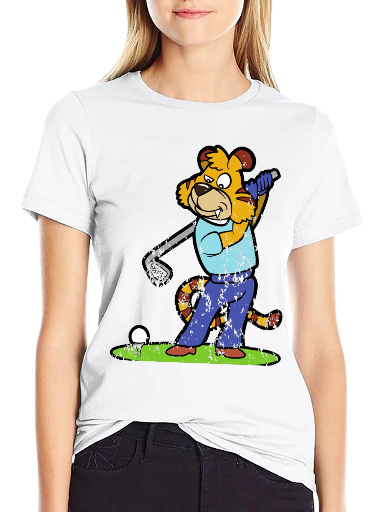 Golfing Tiger Cartoon Graphic Tee - Novelty Shirt