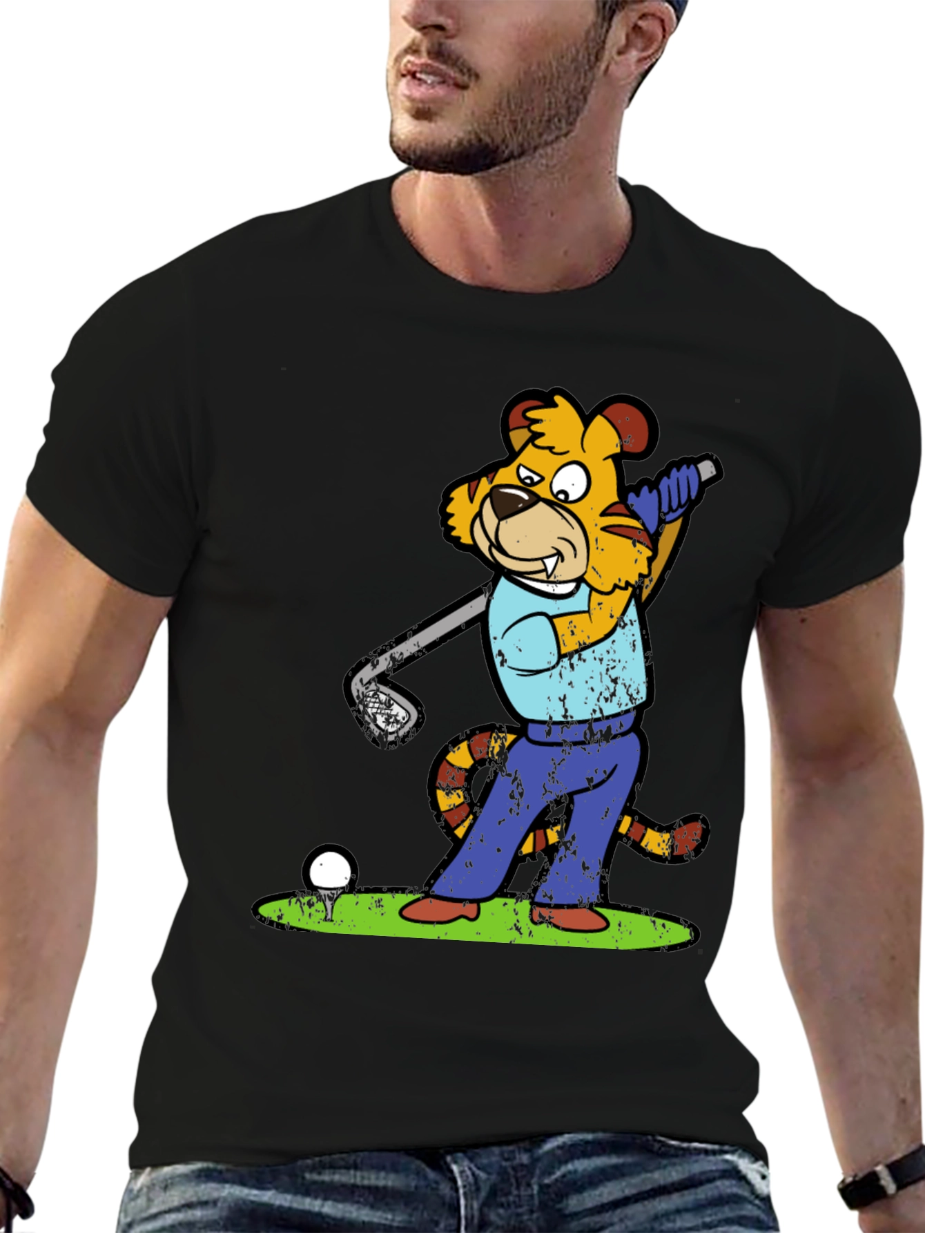 Golfing Tiger Cartoon Graphic Tee - Novelty Shirt