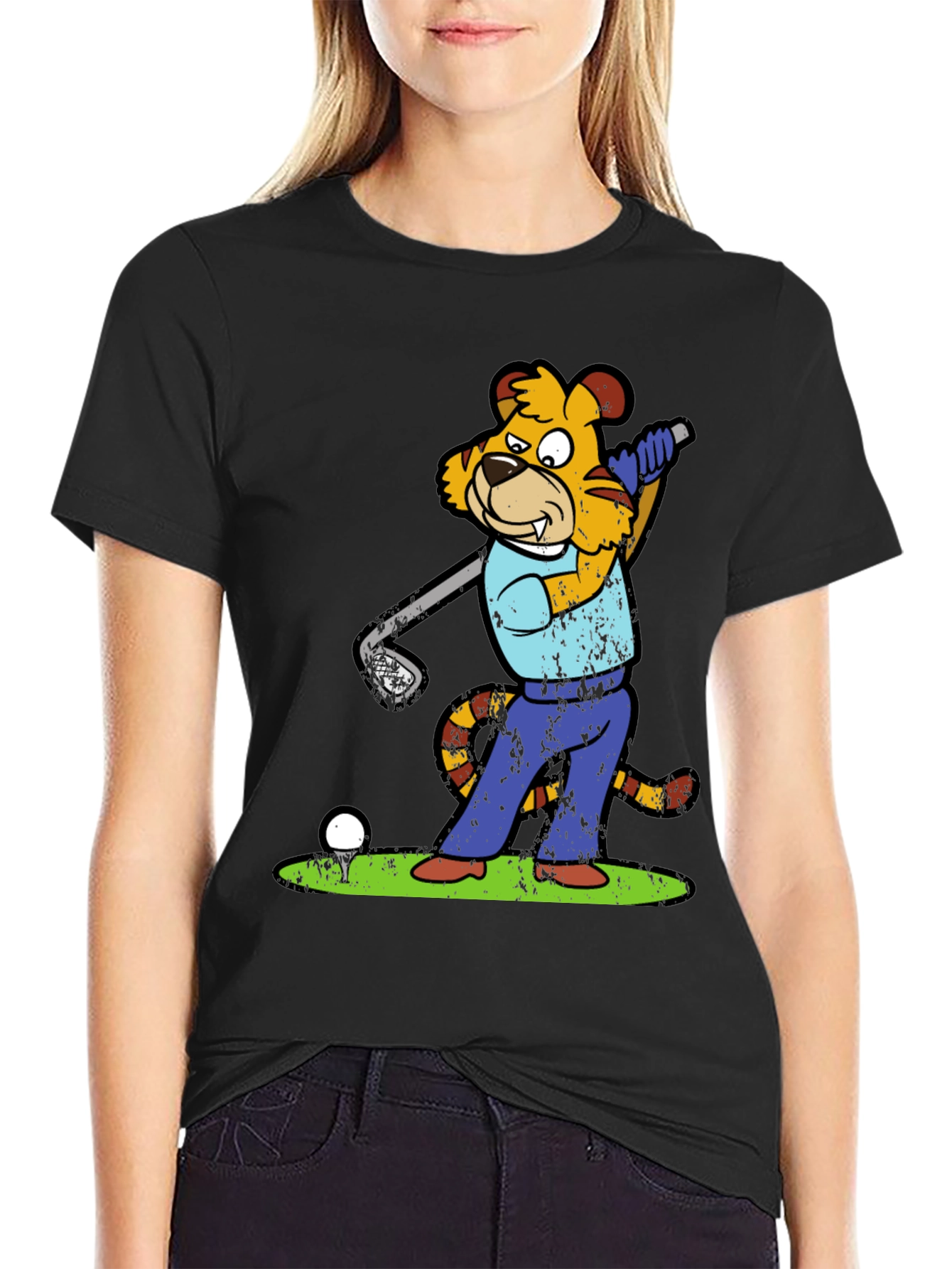 Golfing Tiger Cartoon Graphic Tee - Novelty Shirt