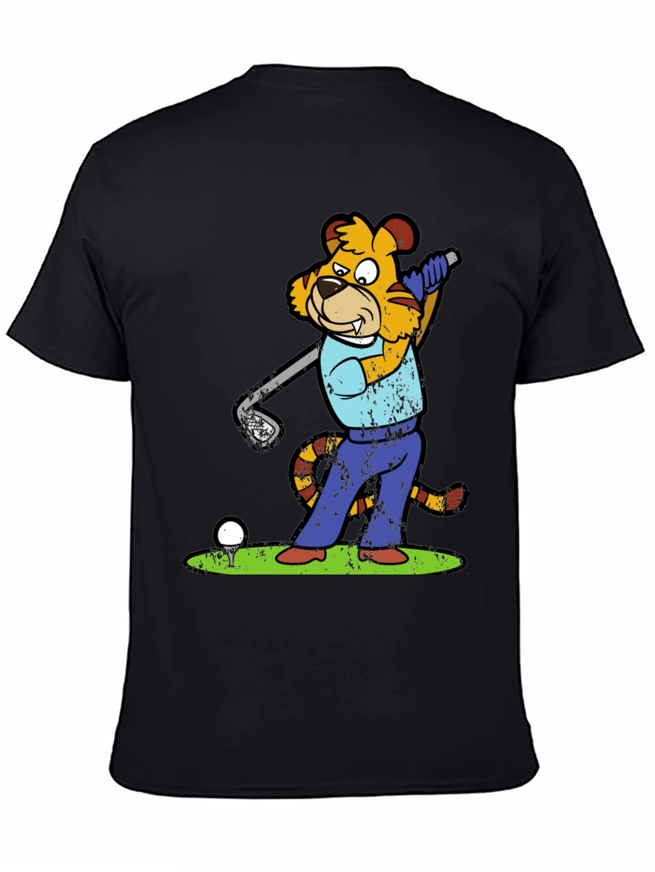 Golfing Tiger Cartoon Graphic Tee - Novelty Shirt
