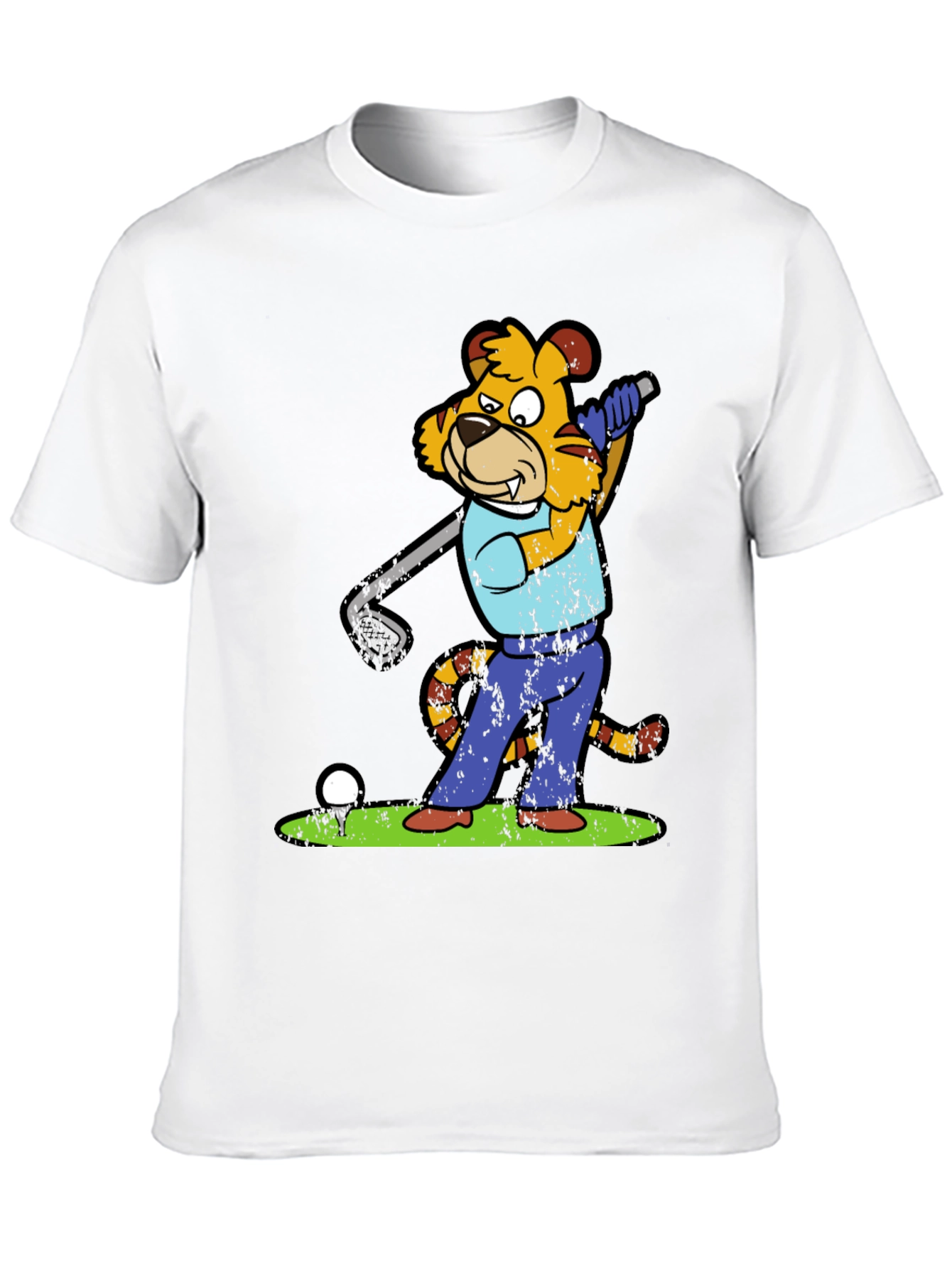 Golfing Tiger Cartoon Graphic Tee - Novelty Shirt