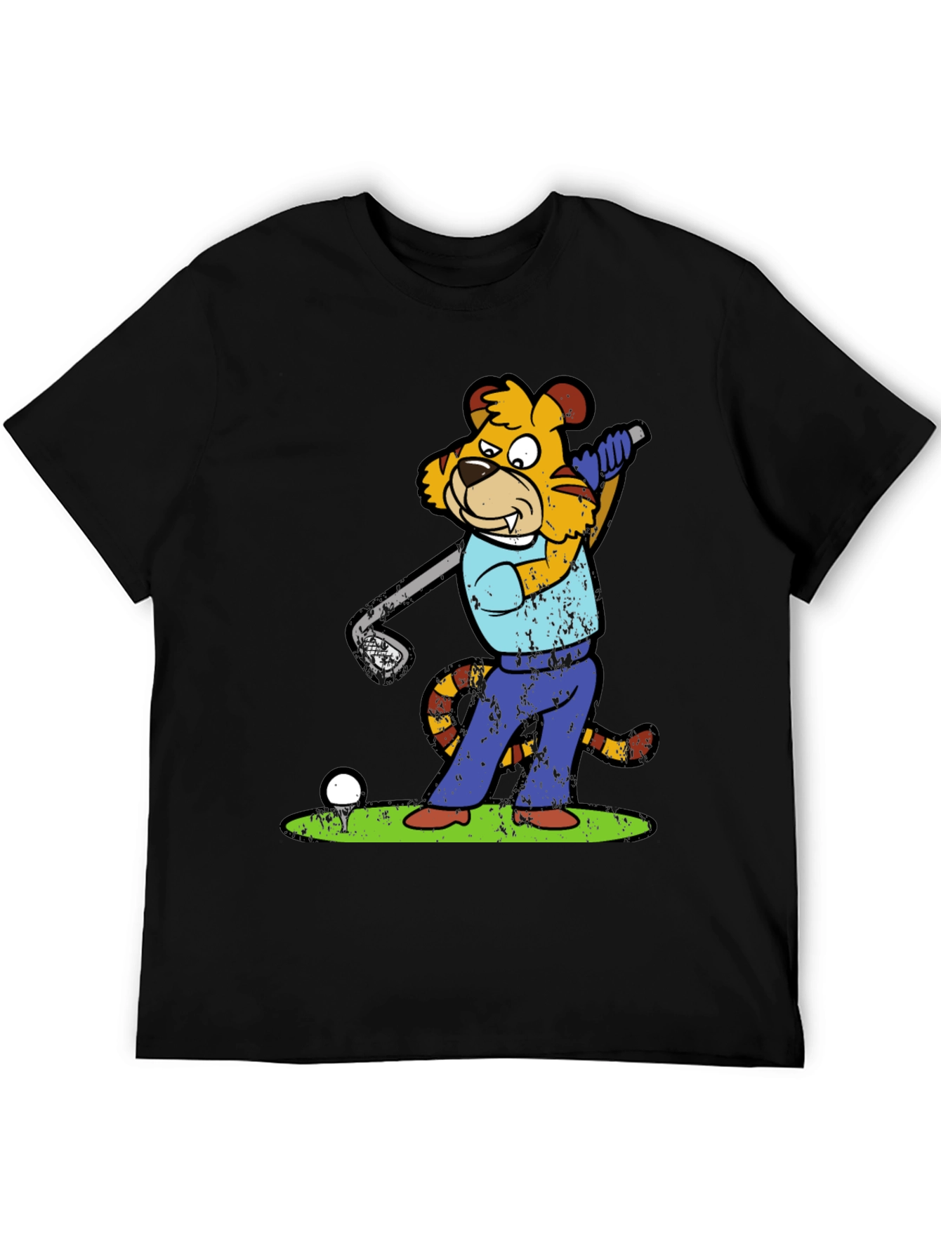 Golfing Tiger Cartoon Graphic Tee - Novelty Shirt