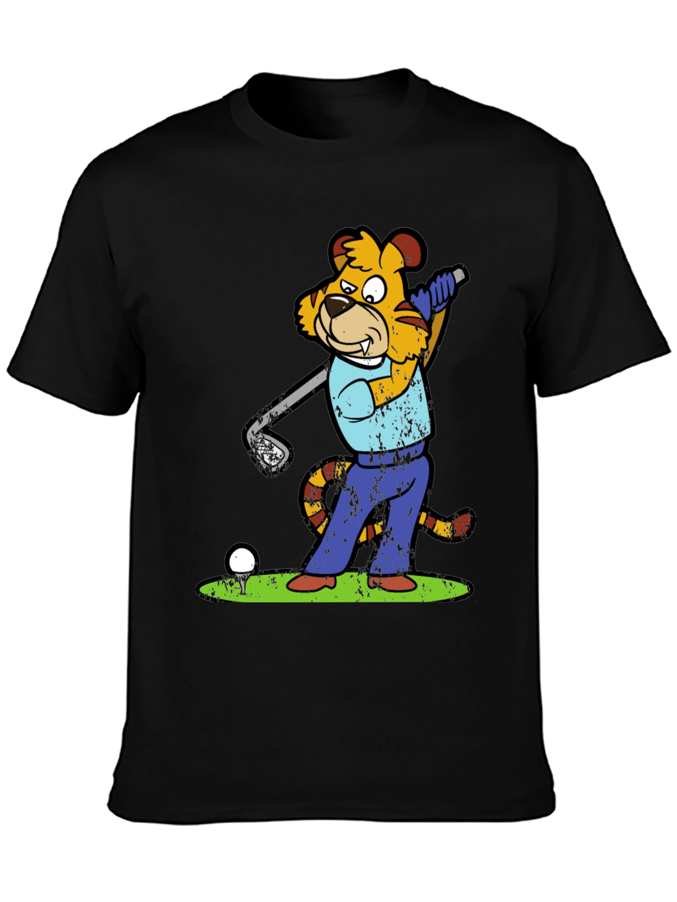 Golfing Tiger Cartoon Graphic Tee - Novelty Shirt