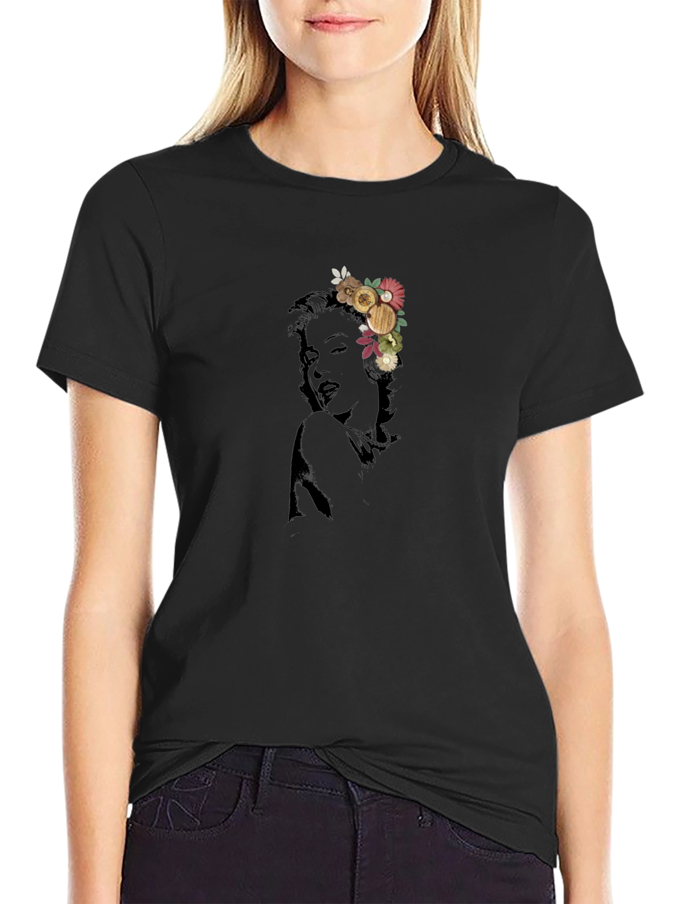 Marilyn Monroe Floral Graphic Black T-Shirt