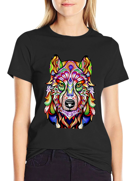 Vibrant Wolf Graphic Print Black T-Shirt