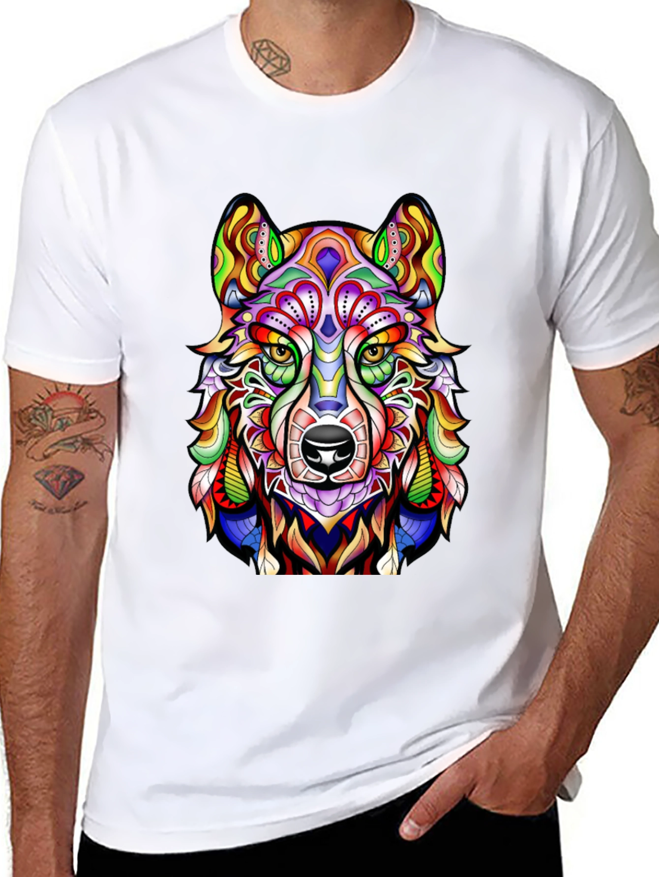 Vibrant Wolf Graphic Print Black T-Shirt