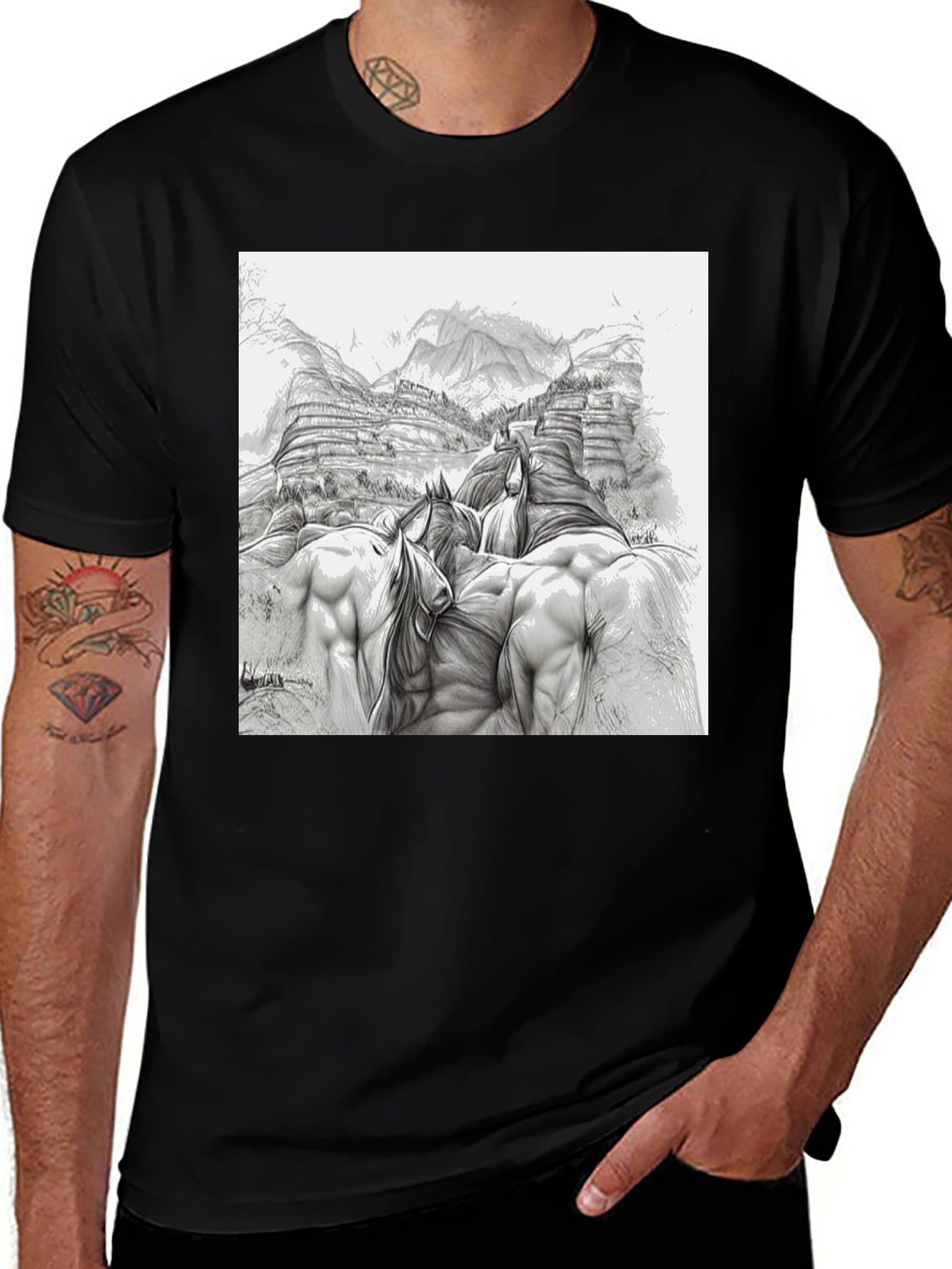 Sketch Art Horses Tee - Unique Graphic T-Shirt