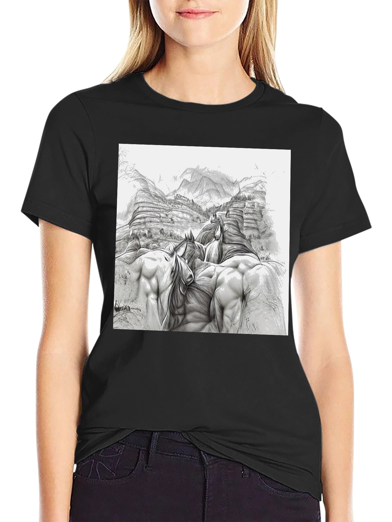 Sketch Art Horses Tee - Unique Graphic T-Shirt