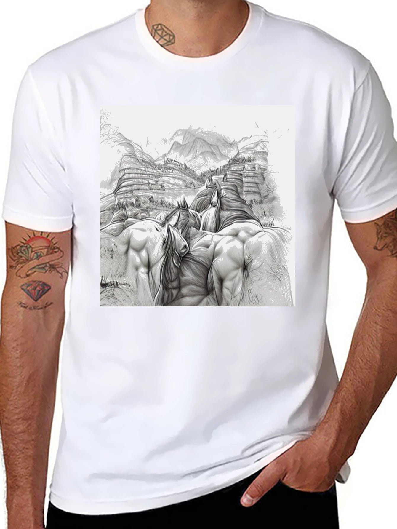Sketch Art Horses Tee - Unique Graphic T-Shirt