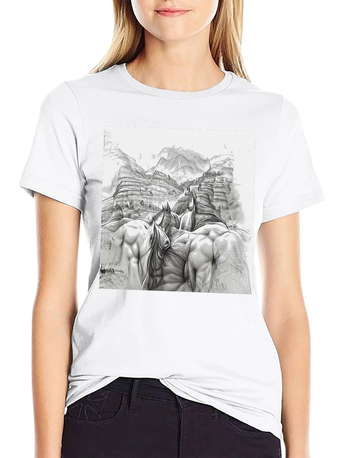 Sketch Art Horses Tee - Unique Graphic T-Shirt