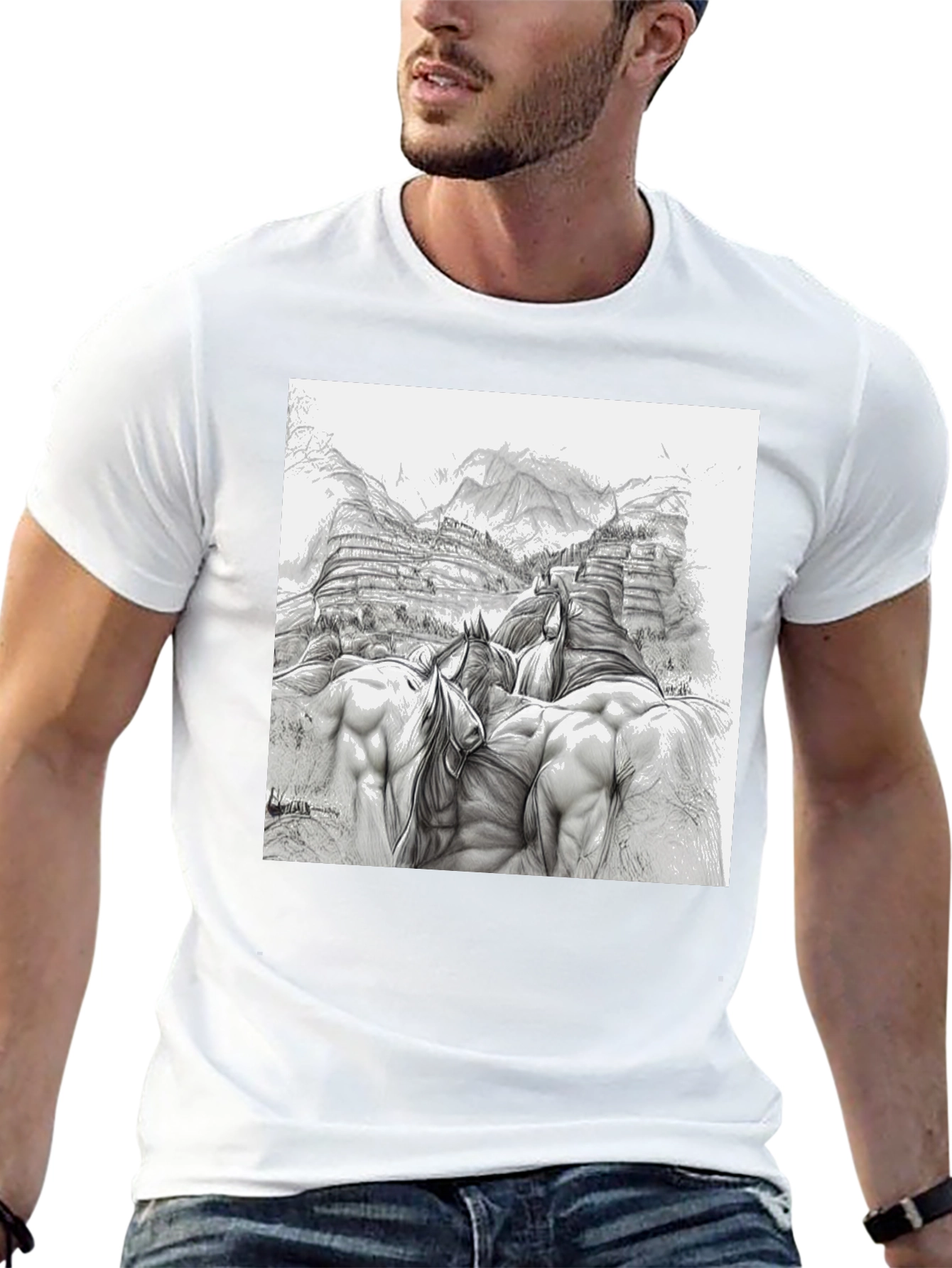 Sketch Art Horses Tee - Unique Graphic T-Shirt