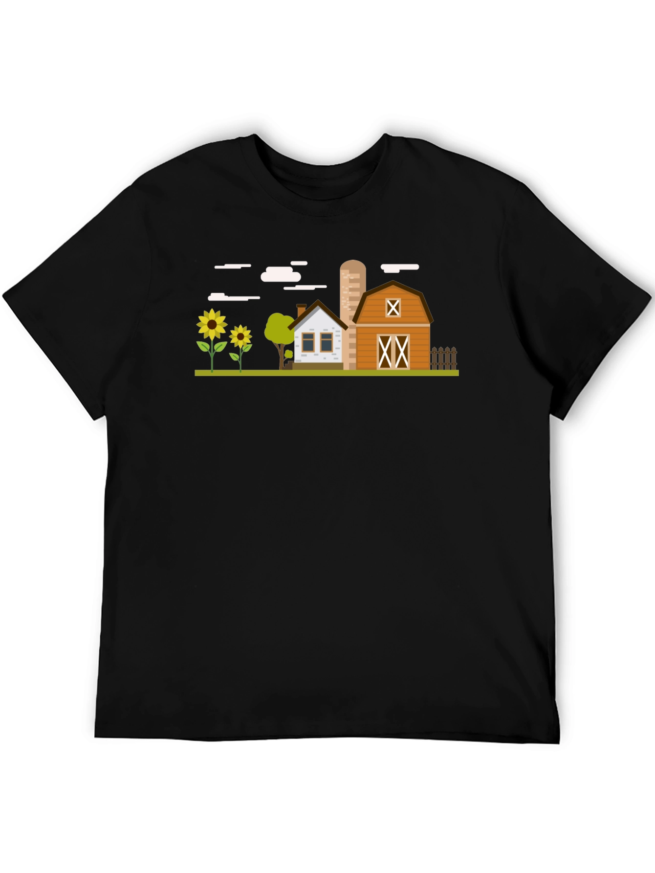 Farm Scene Graphic T-Shirt - Black Cotton Tee