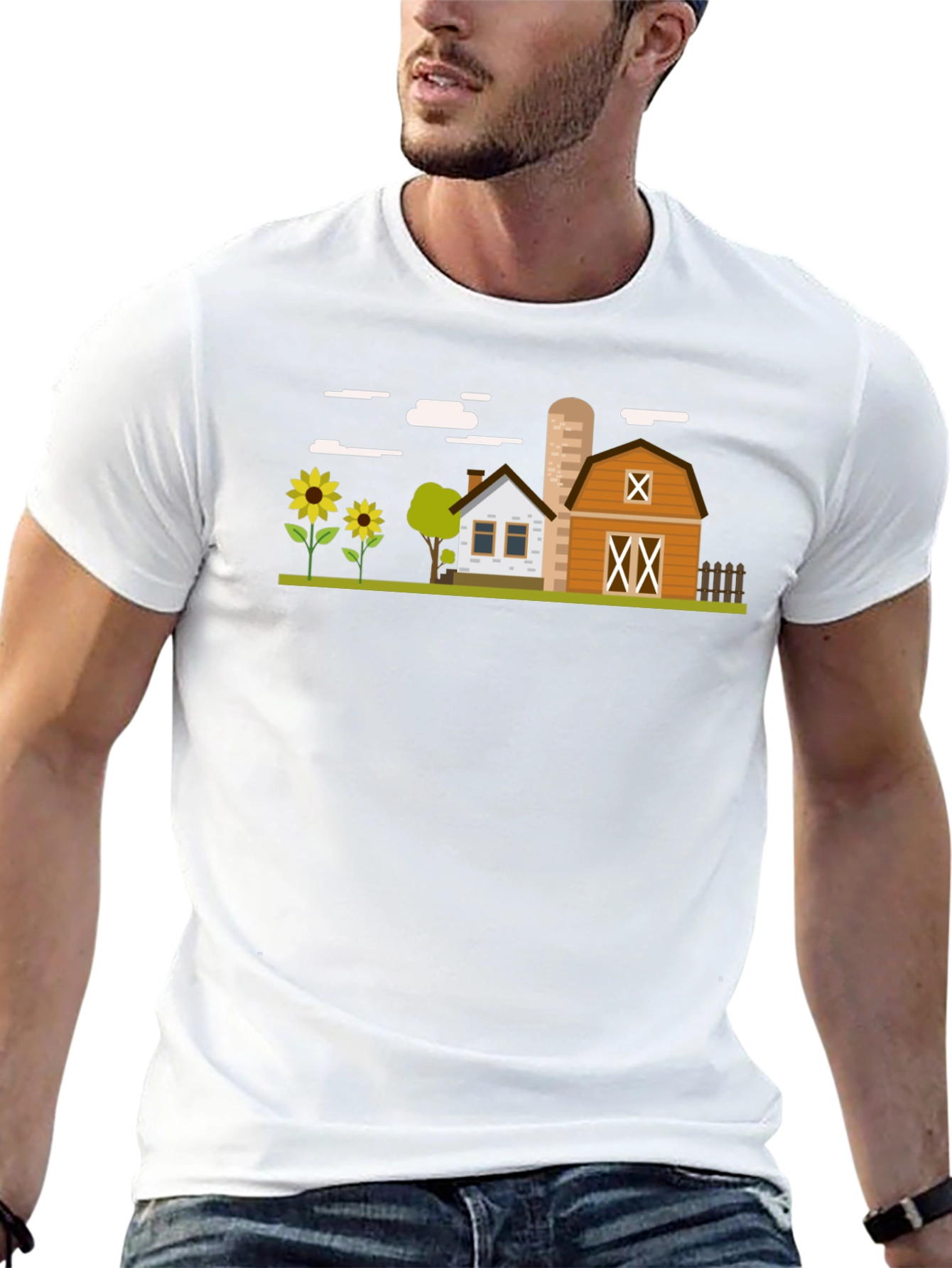 Farm Scene Graphic T-Shirt - Black Cotton Tee