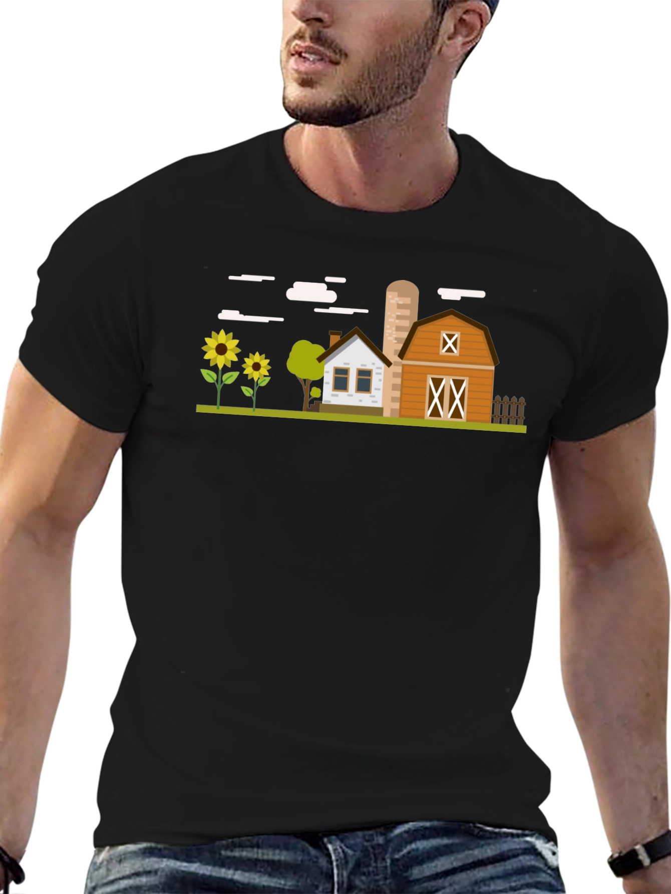 Farm Scene Graphic T-Shirt - Black Cotton Tee
