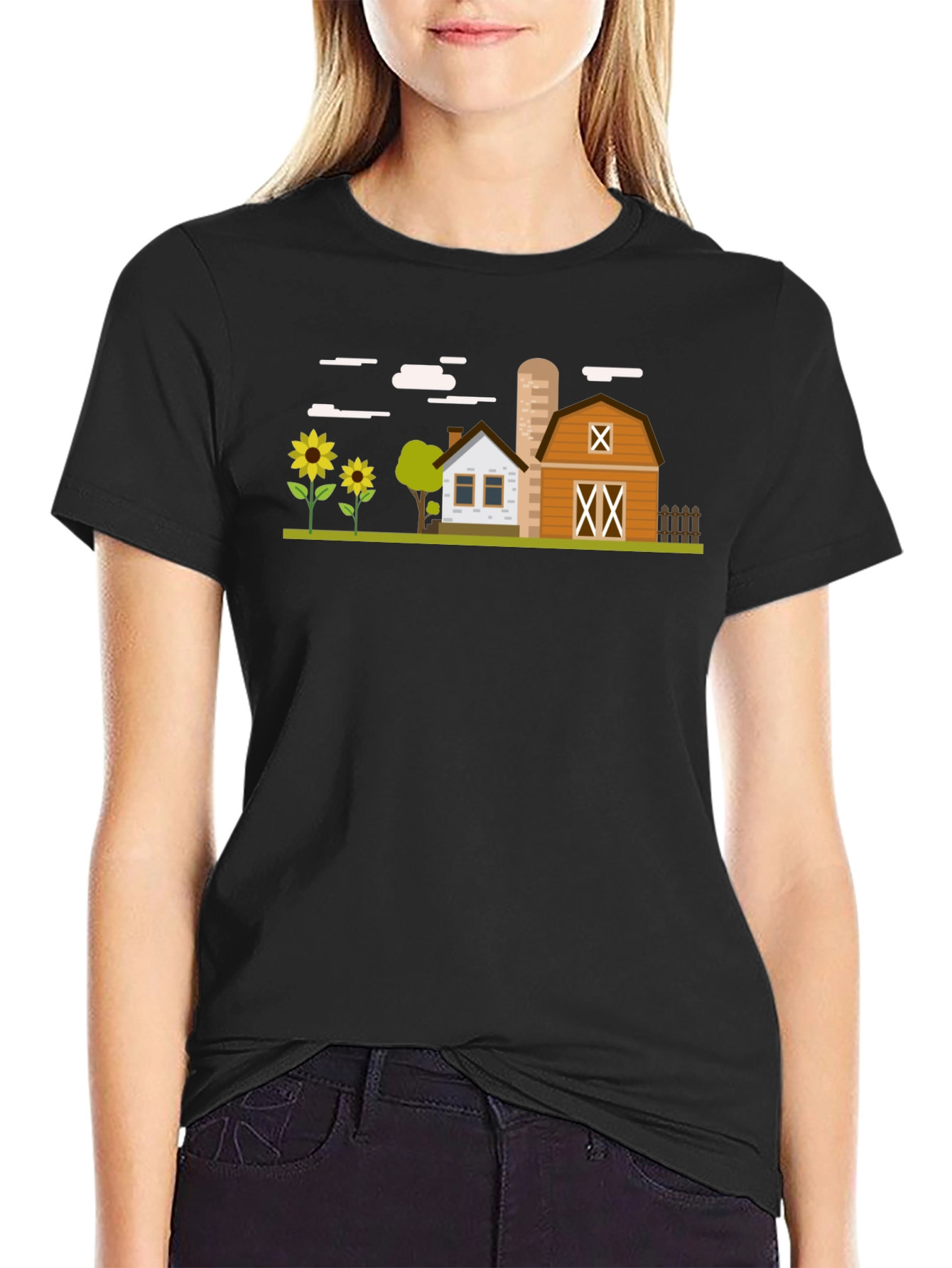 Farm Scene Graphic T-Shirt - Black Cotton Tee