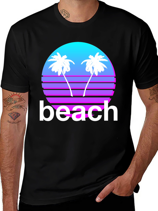Retro Beach T-Shirt - Sunset Palms Graphic Tee