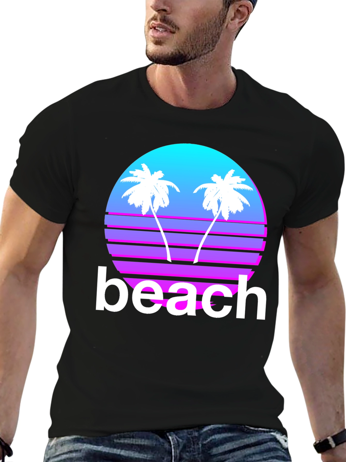 Retro Beach T-Shirt - Sunset Palms Graphic Tee