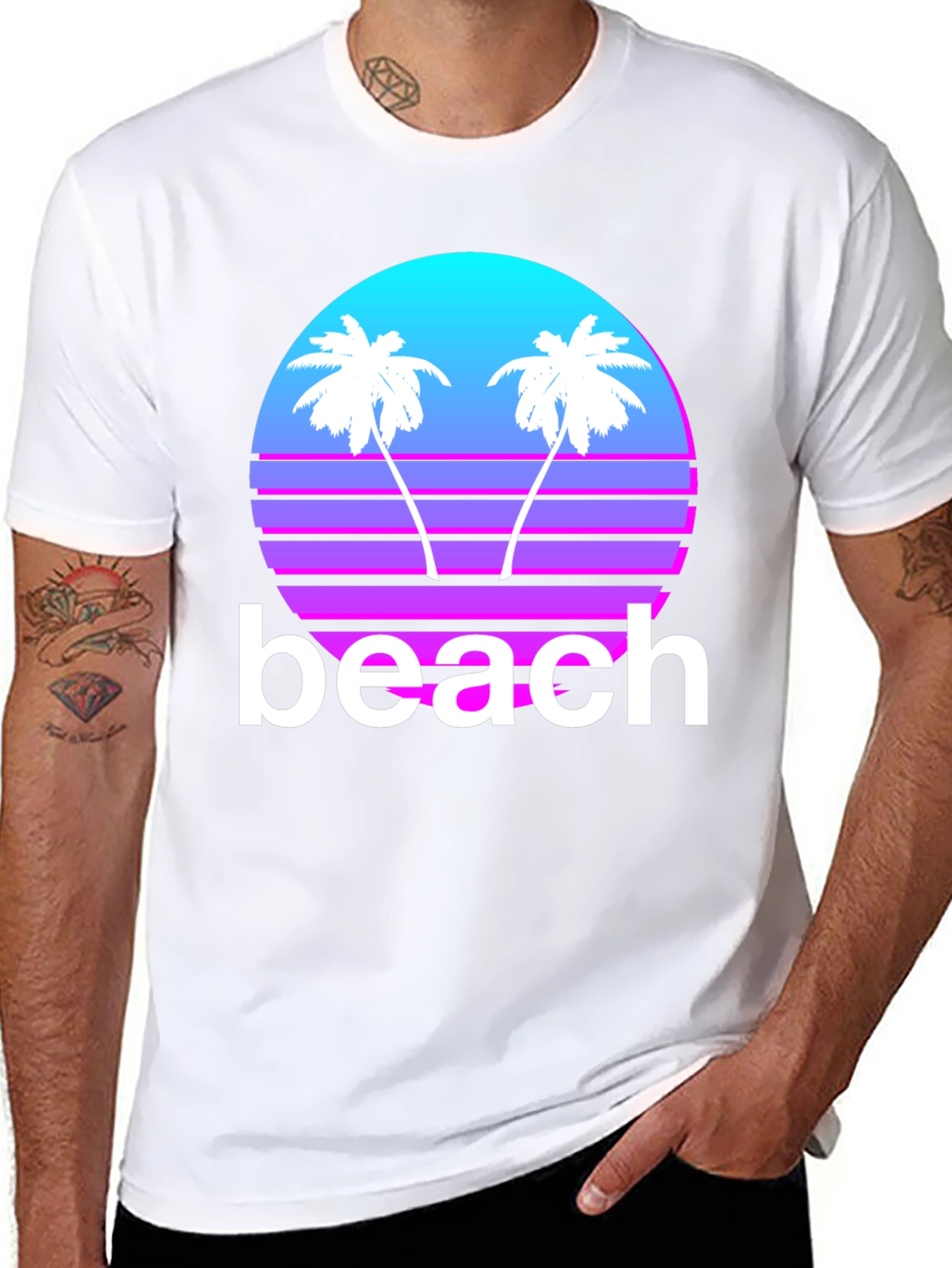 Retro Beach T-Shirt - Sunset Palms Graphic Tee