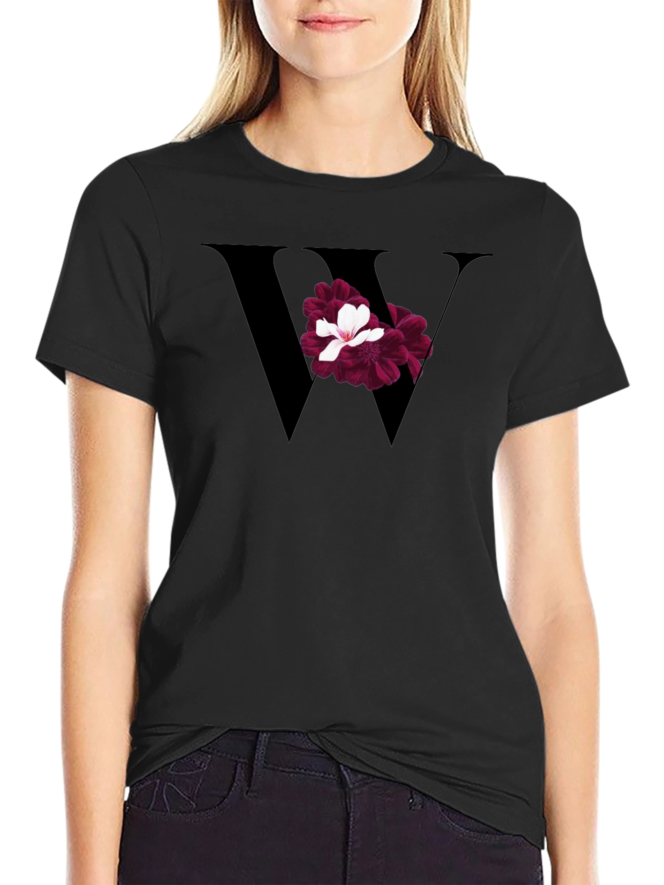 Floral Letter W Black T-Shirt