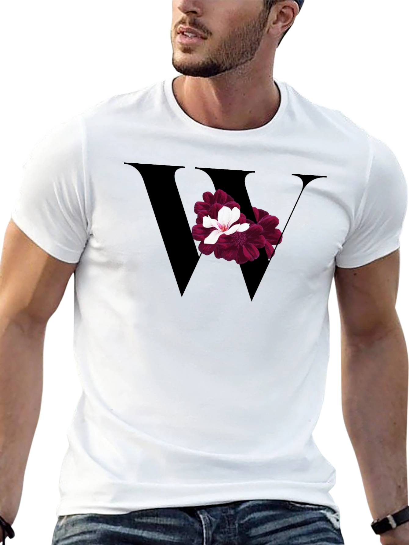 Floral Letter W Black T-Shirt