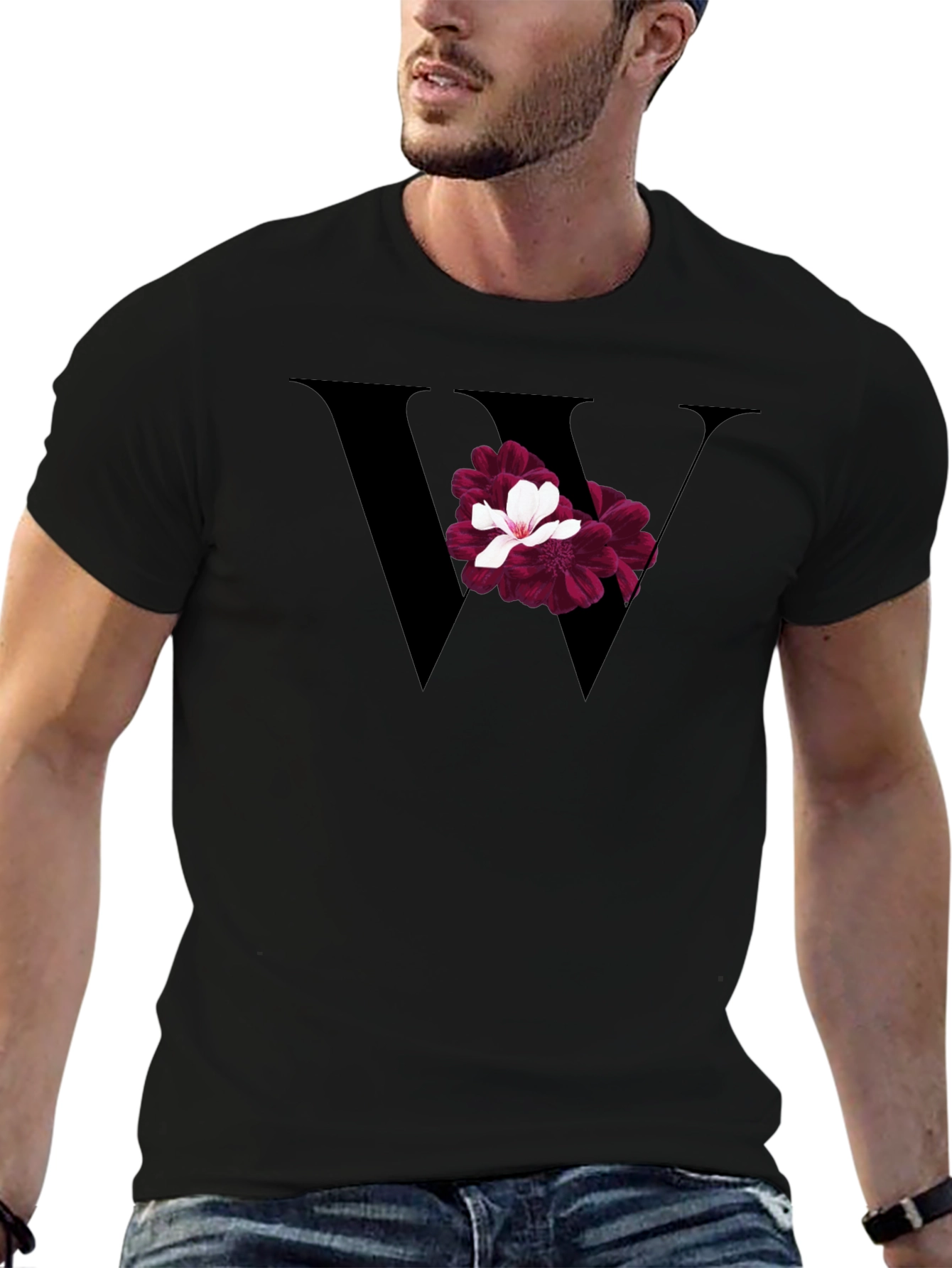 Floral Letter W Black T-Shirt