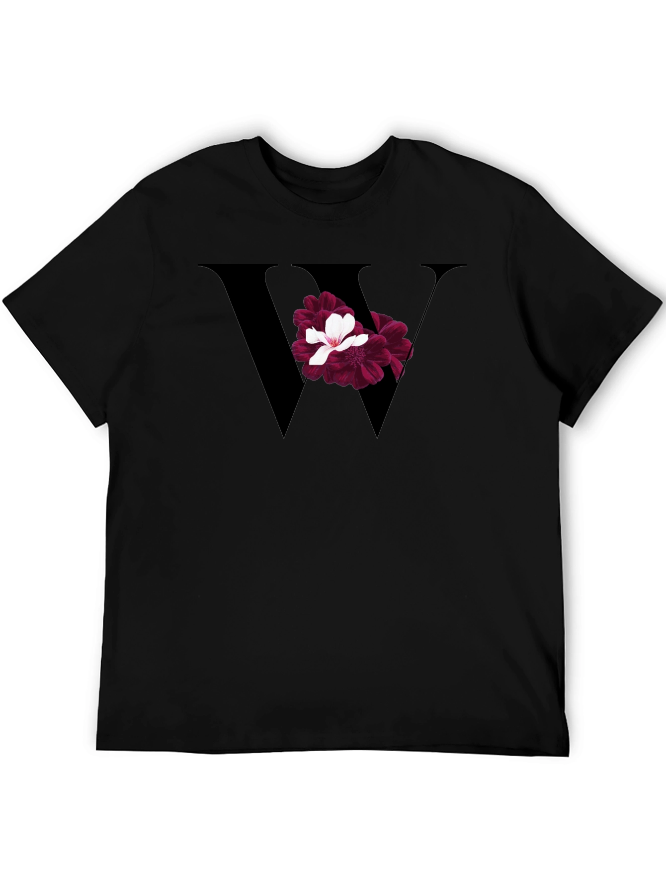 Floral Letter W Black T-Shirt