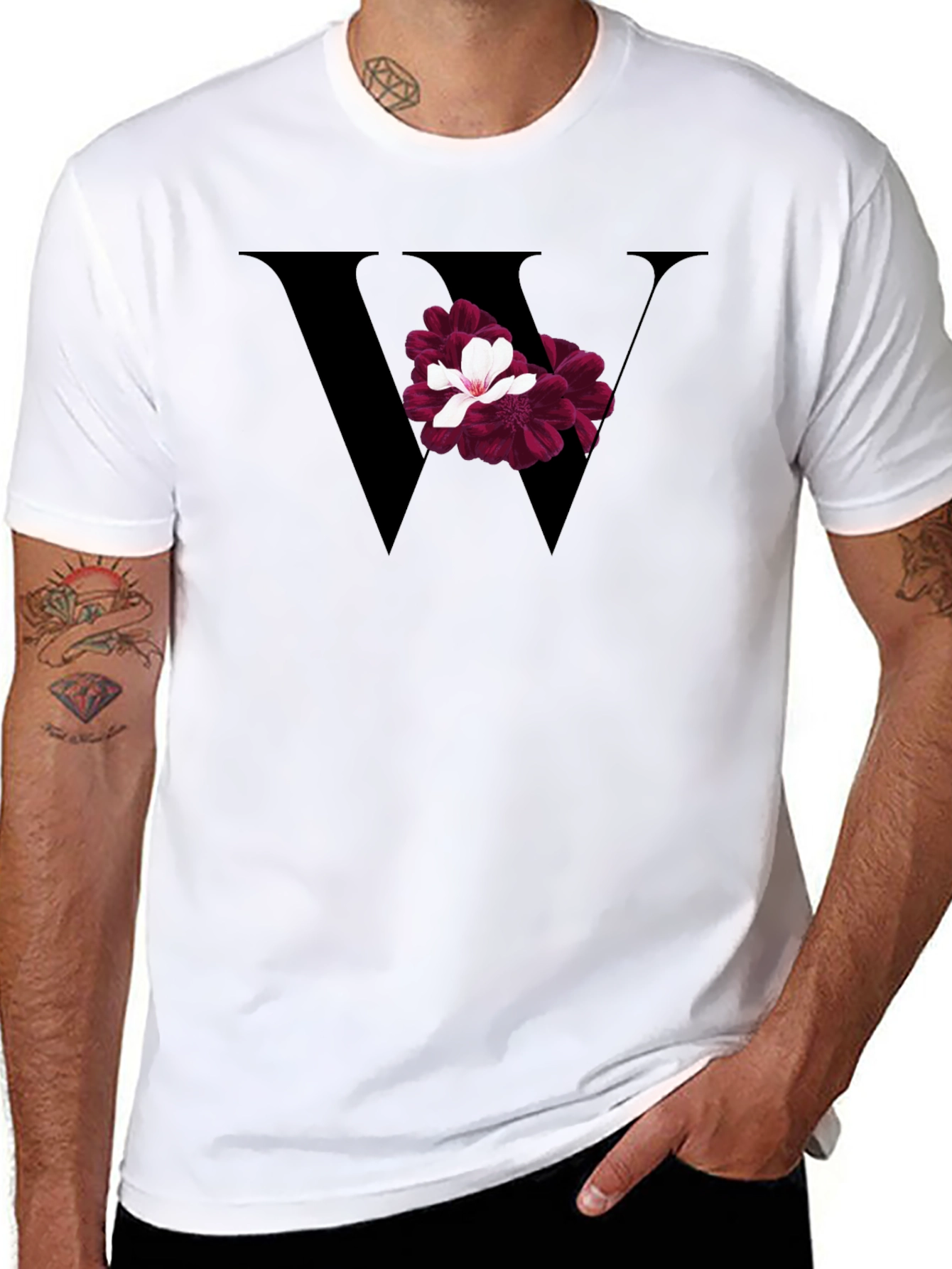 Floral Letter W Black T-Shirt
