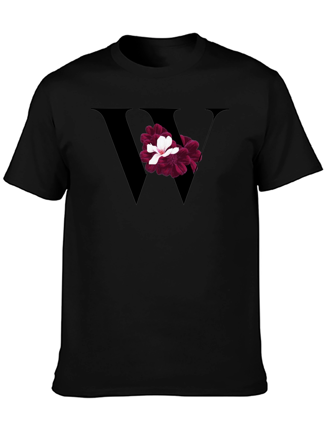 Floral Letter W Black T-Shirt