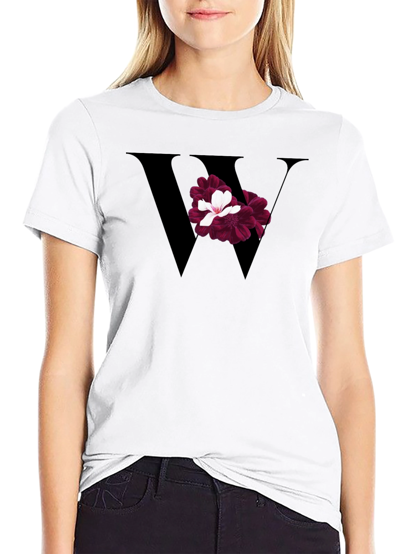 Floral Letter W Black T-Shirt