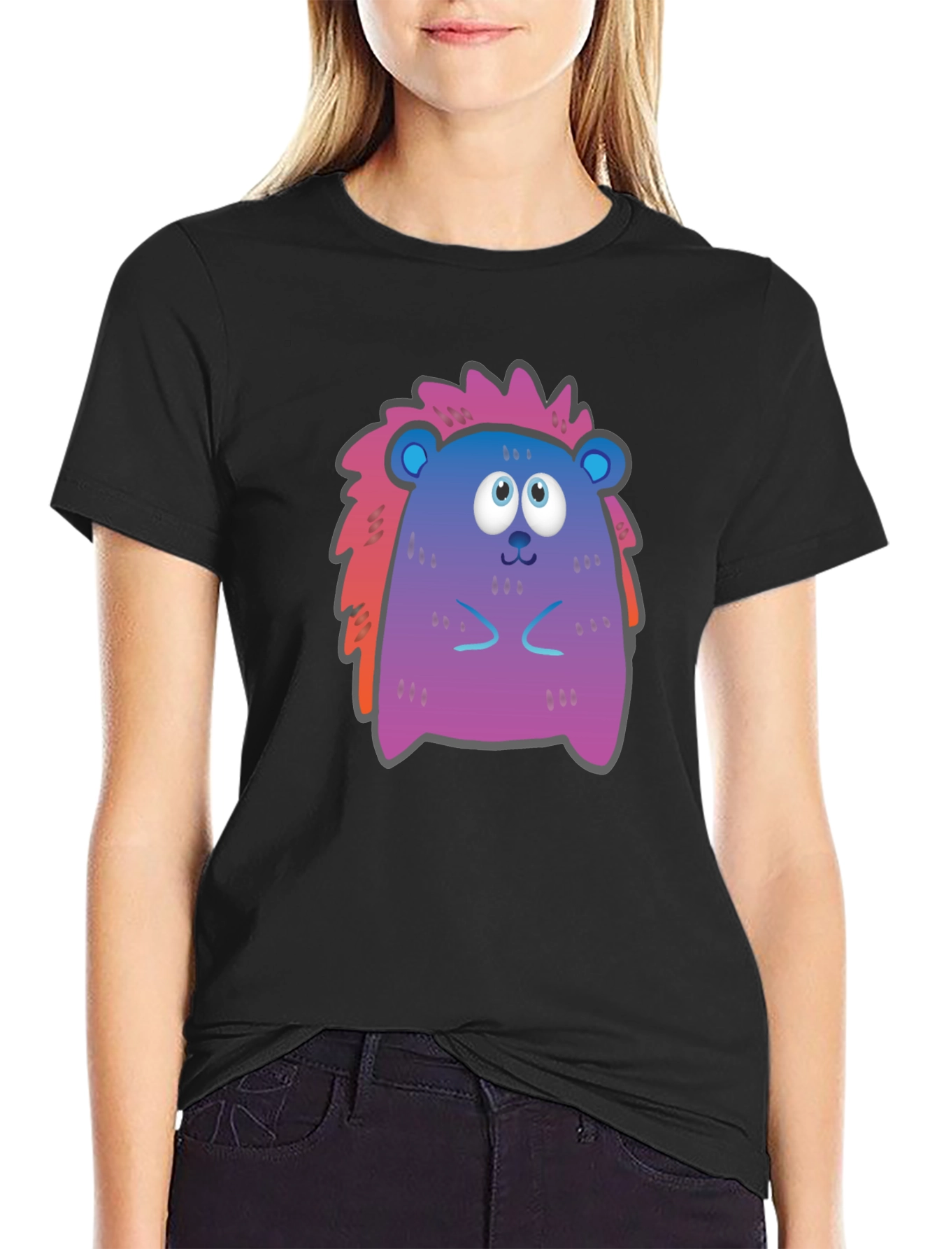Cute Cartoon Hedgehog Black T-Shirt