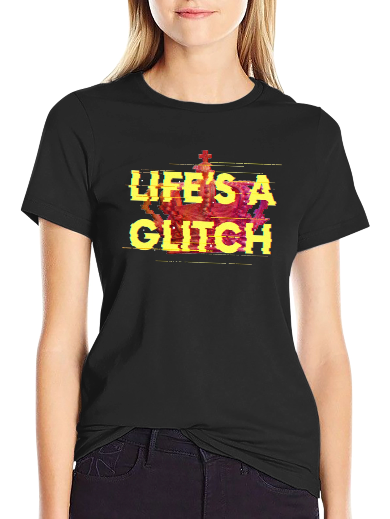 Lifes A Glitch T-Shirt - Black Tee with Crown