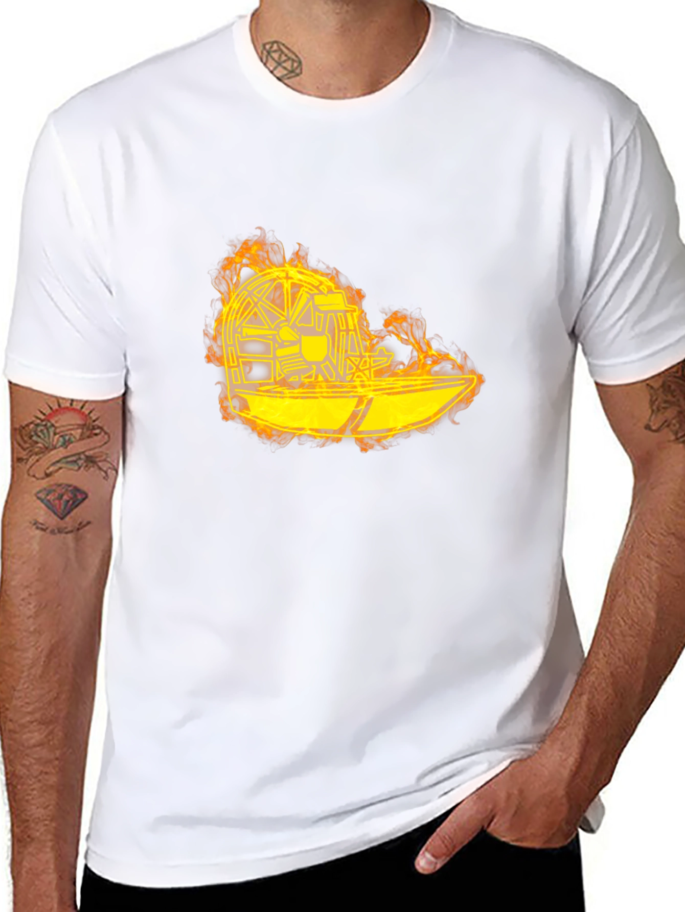Flaming Airboat Graphic Tee - Black Cotton