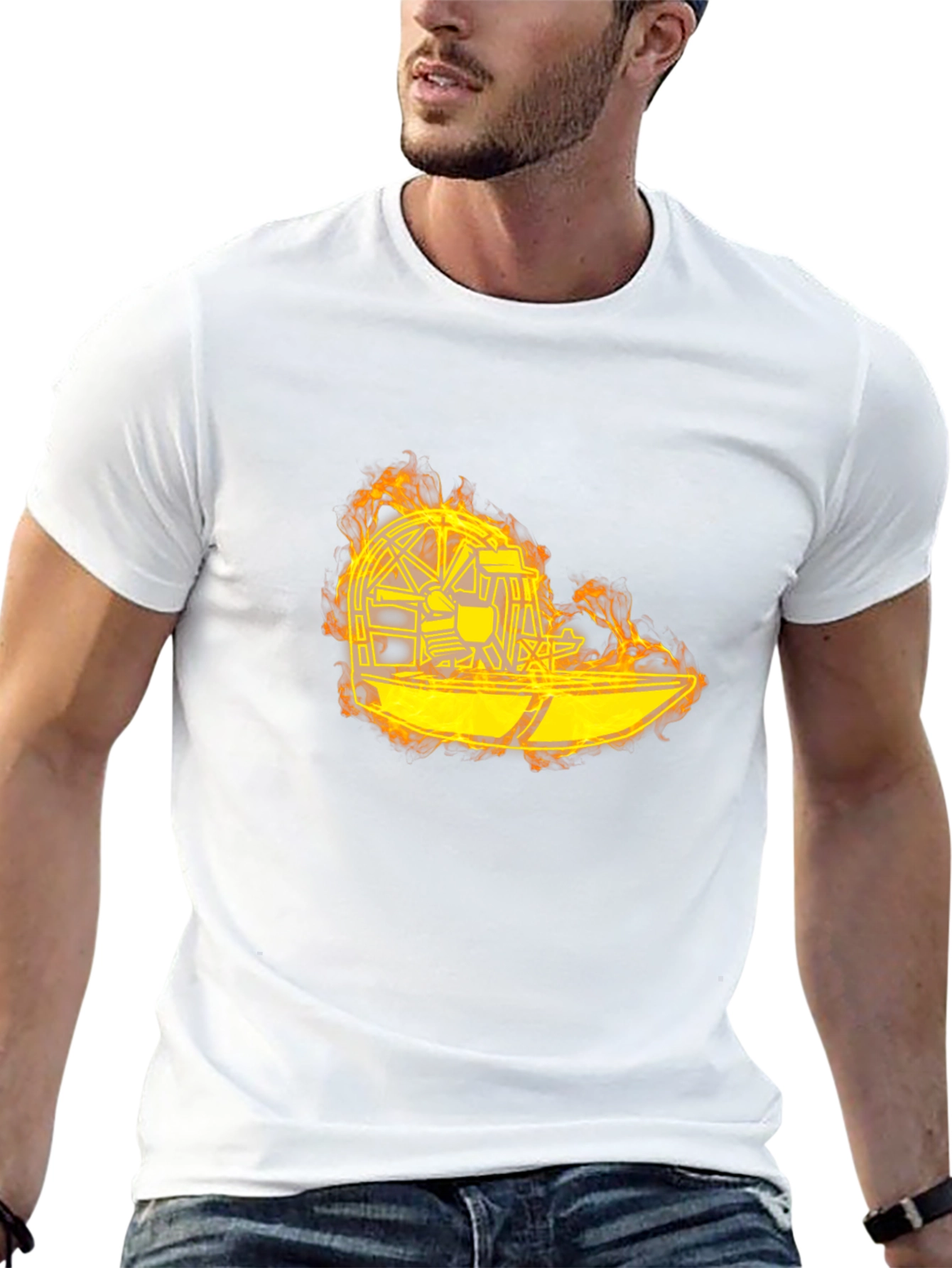Flaming Airboat Graphic Tee - Black Cotton