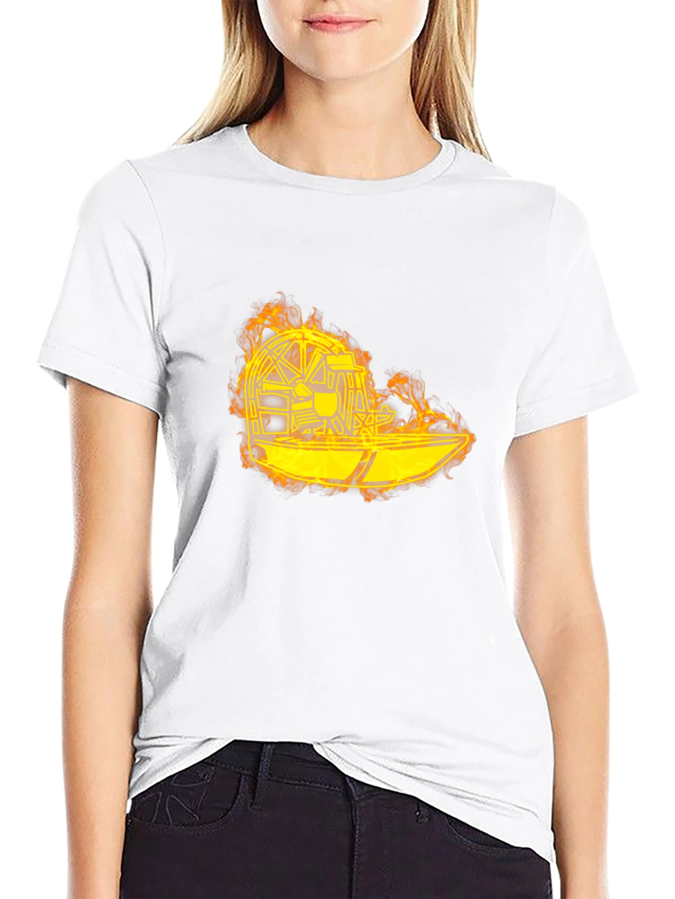 Flaming Airboat Graphic Tee - Black Cotton