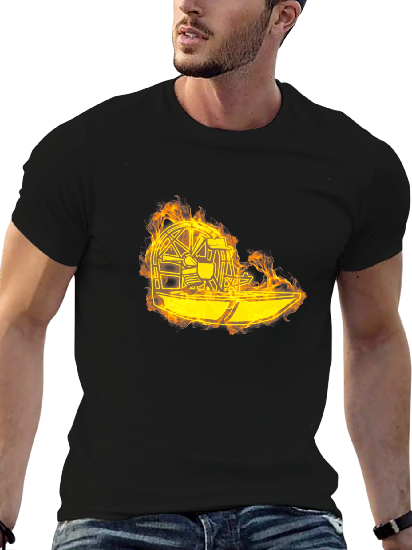 Flaming Airboat Graphic Tee - Black Cotton
