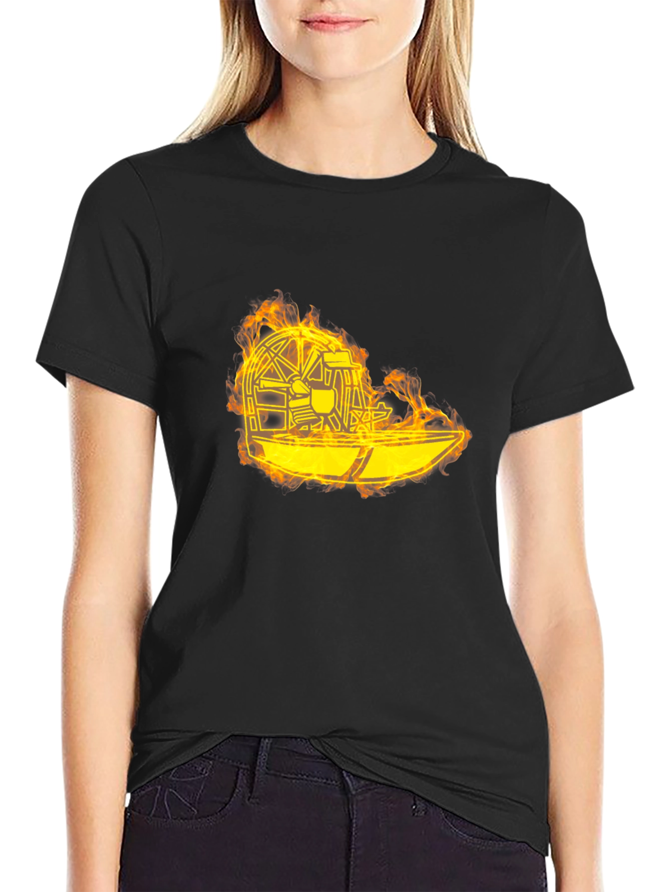 Flaming Airboat Graphic Tee - Black Cotton