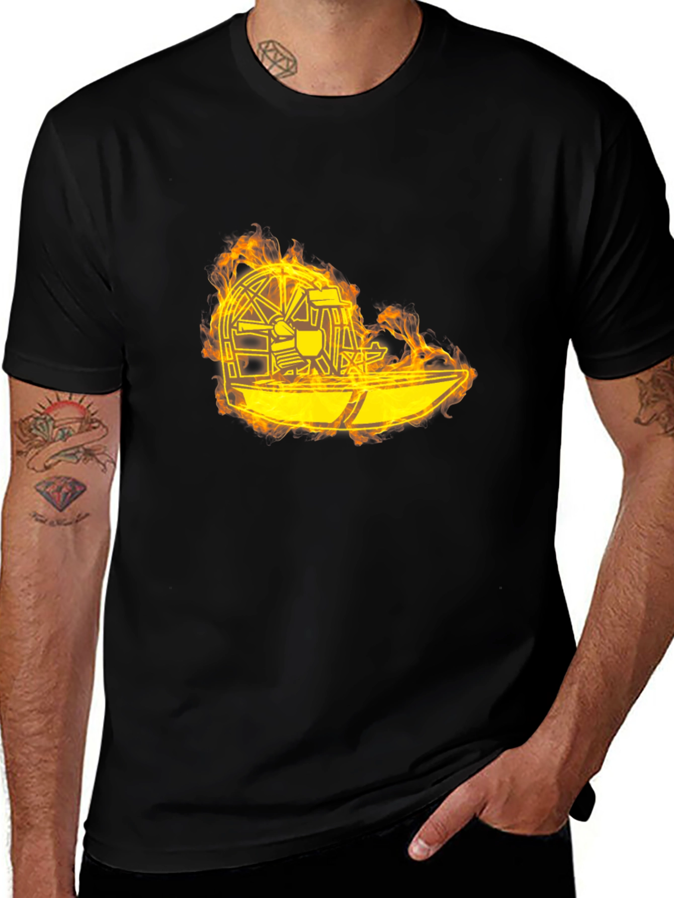 Flaming Airboat Graphic Tee - Black Cotton
