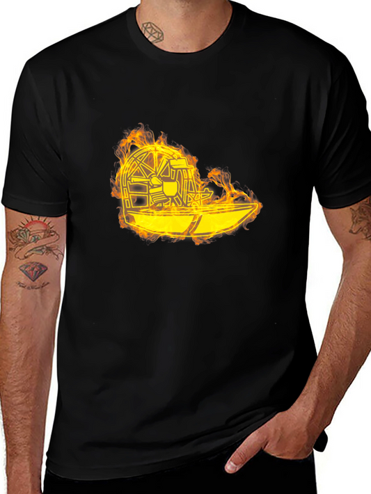 Flaming Airboat Graphic Tee - Black Cotton