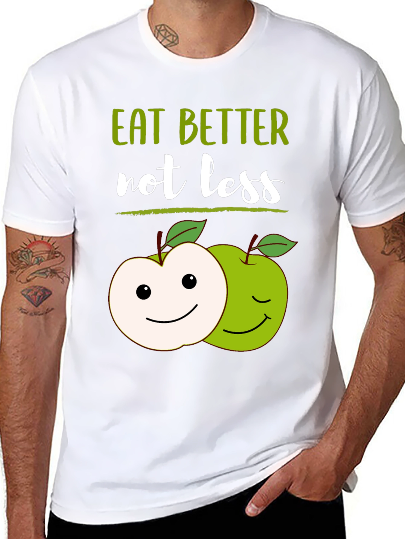 Eat Better Not Less T-Shirt with Apple Graphic