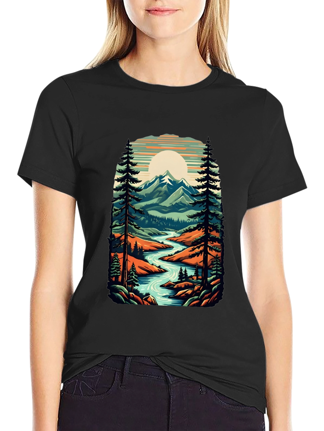 Nature Graphic Tee - River Mountain Scene