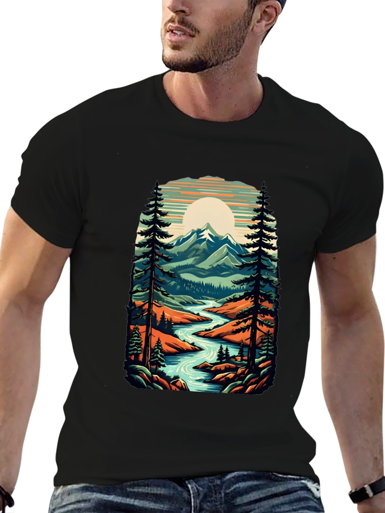 Nature Graphic Tee - River Mountain Scene