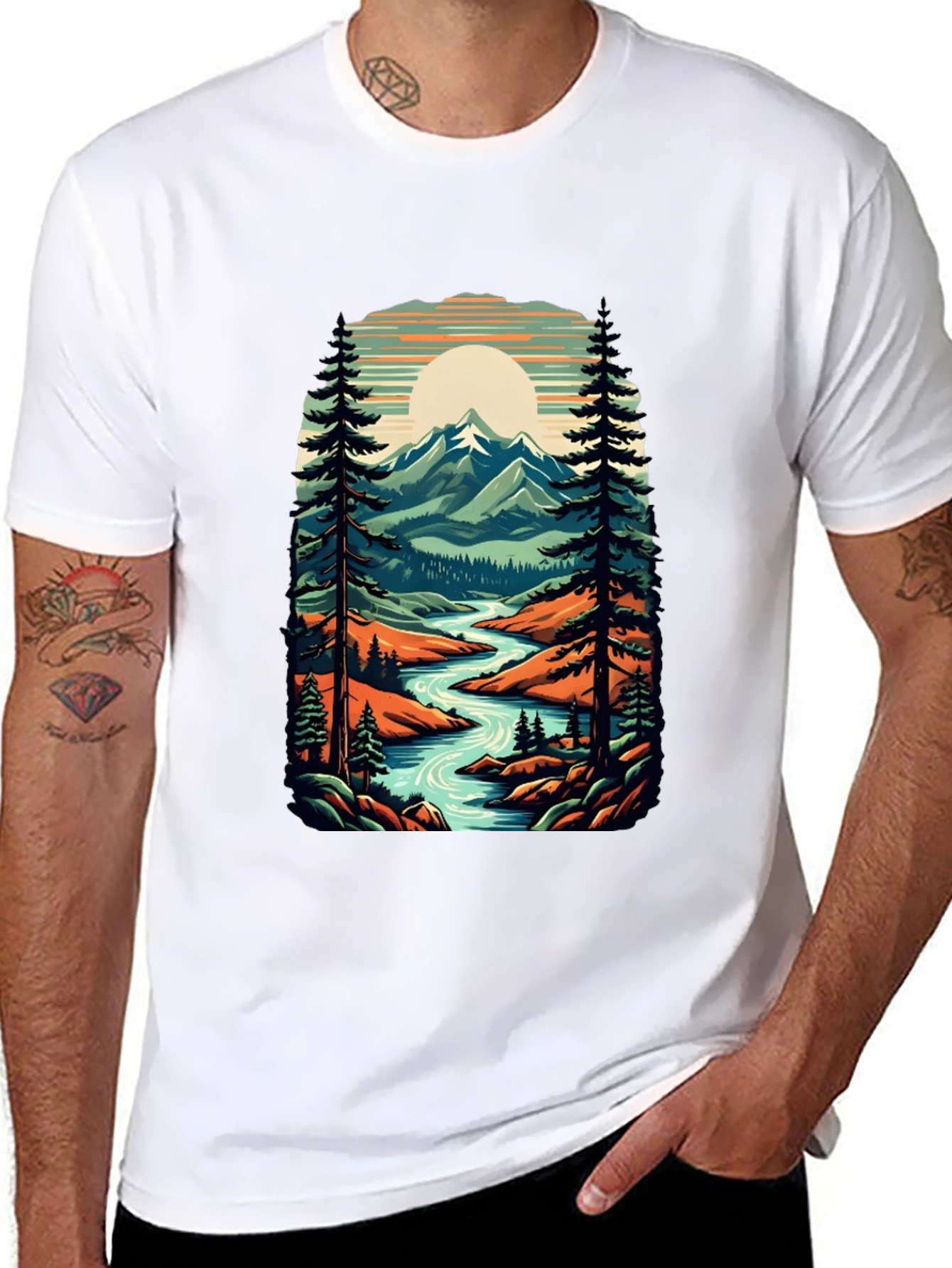 Nature Graphic Tee - River Mountain Scene