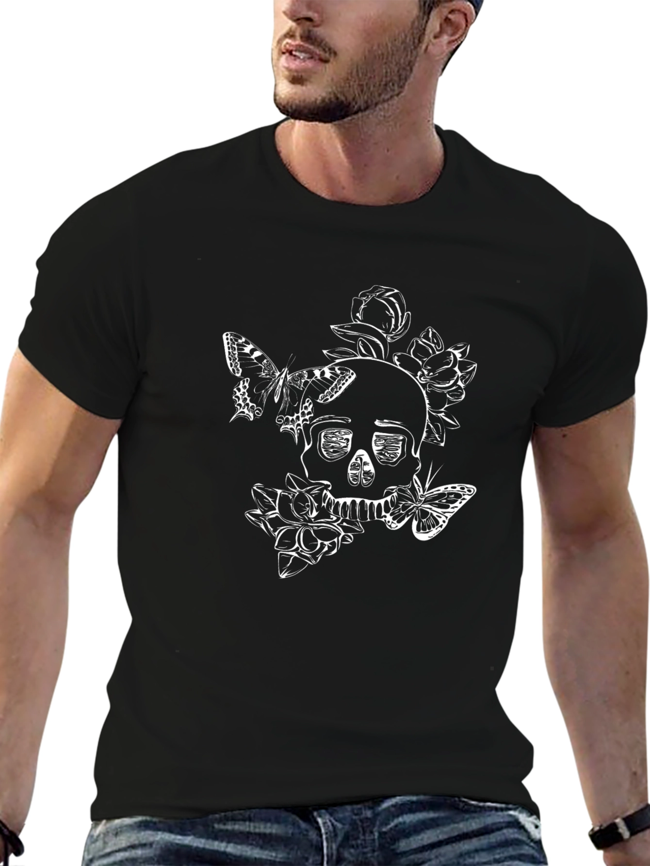 Skull & Butterflies Graphic Black T-Shirt