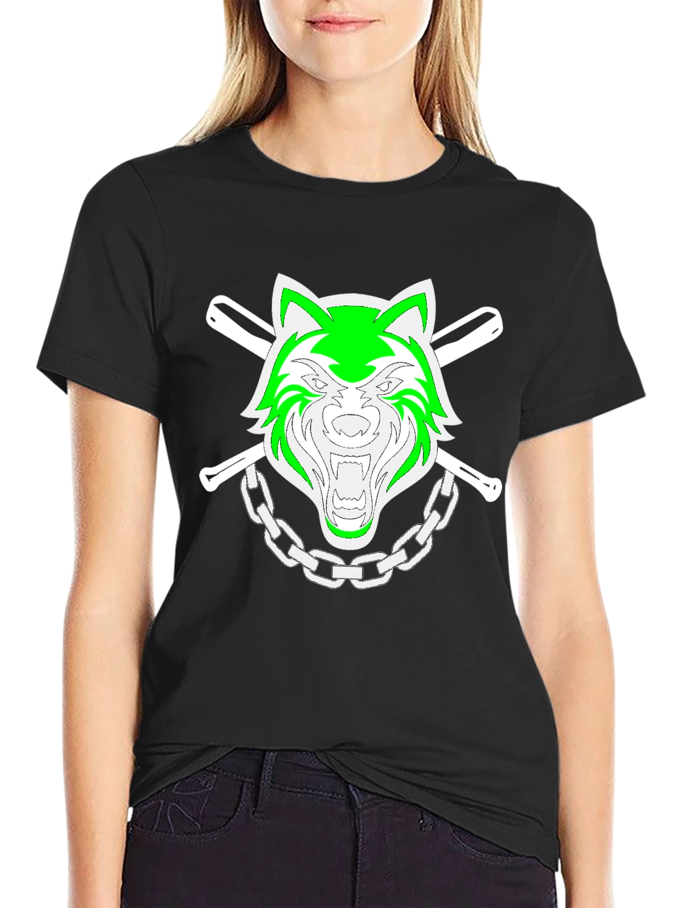 Green Wolf Graphic Black T-Shirt