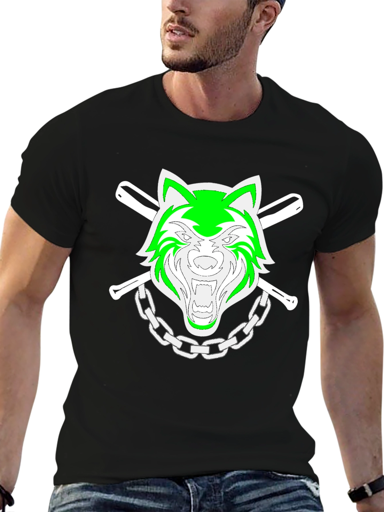 Green Wolf Graphic Black T-Shirt