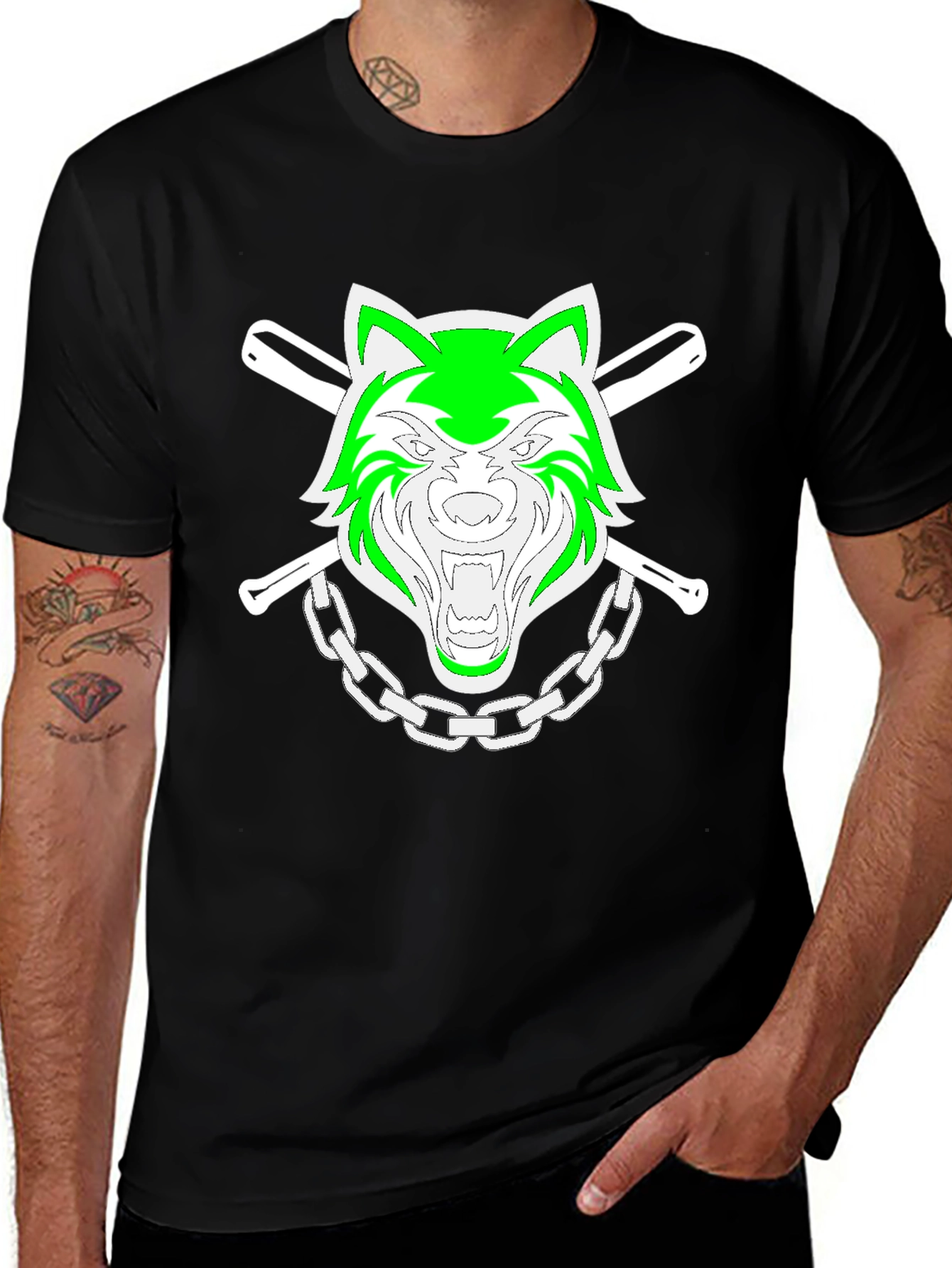 Green Wolf Graphic Black T-Shirt