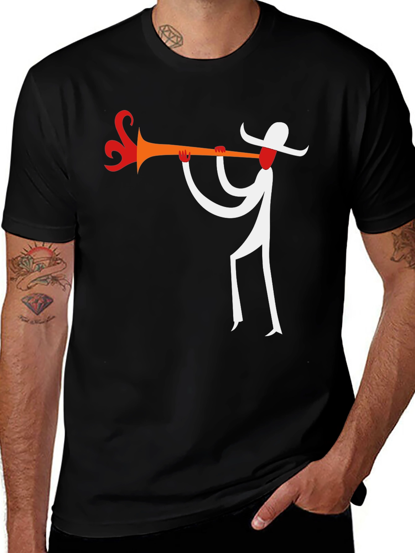 Abstract Trumpet Player Graphic T-Shirt - Black